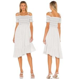 Tularosa Tallulah Midi Dress Striped Smocked Off Shoulder Asymmetrical Size L